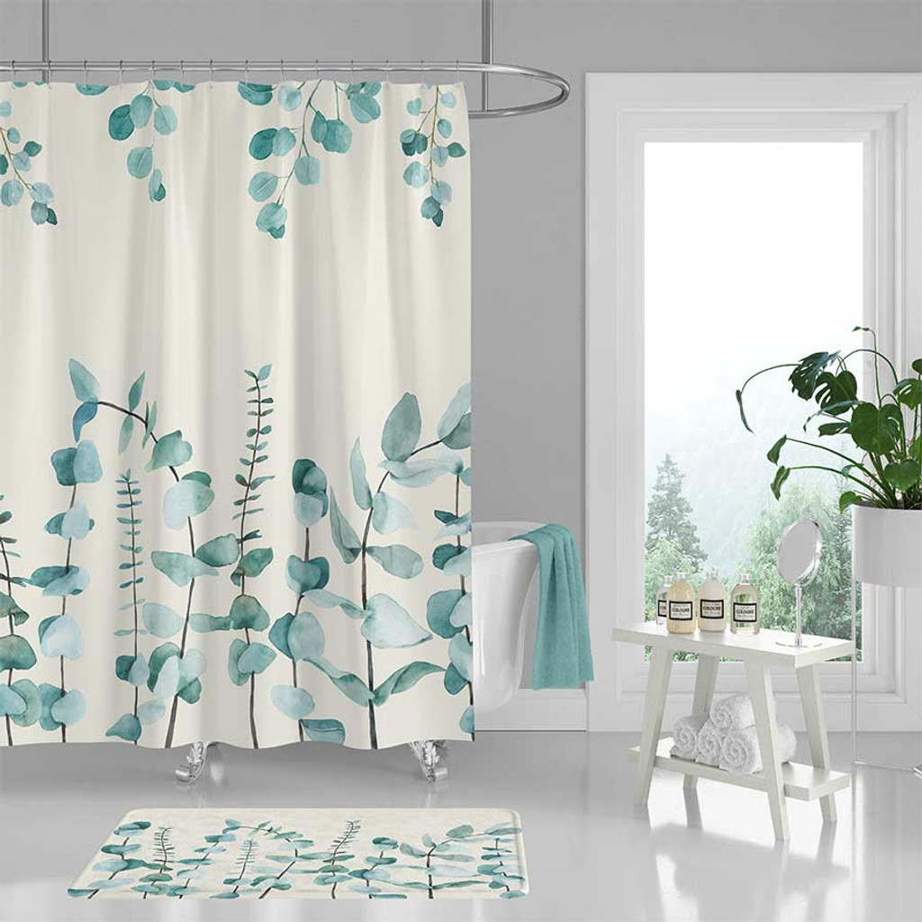 botanical shower curtain with hand painted watercolor green eucalyptus leaves