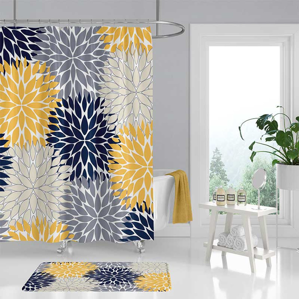 navy blue and yellow shower curtain