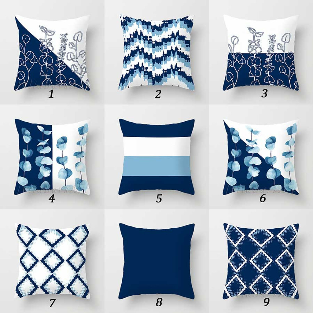 navy blue and white pillow cases