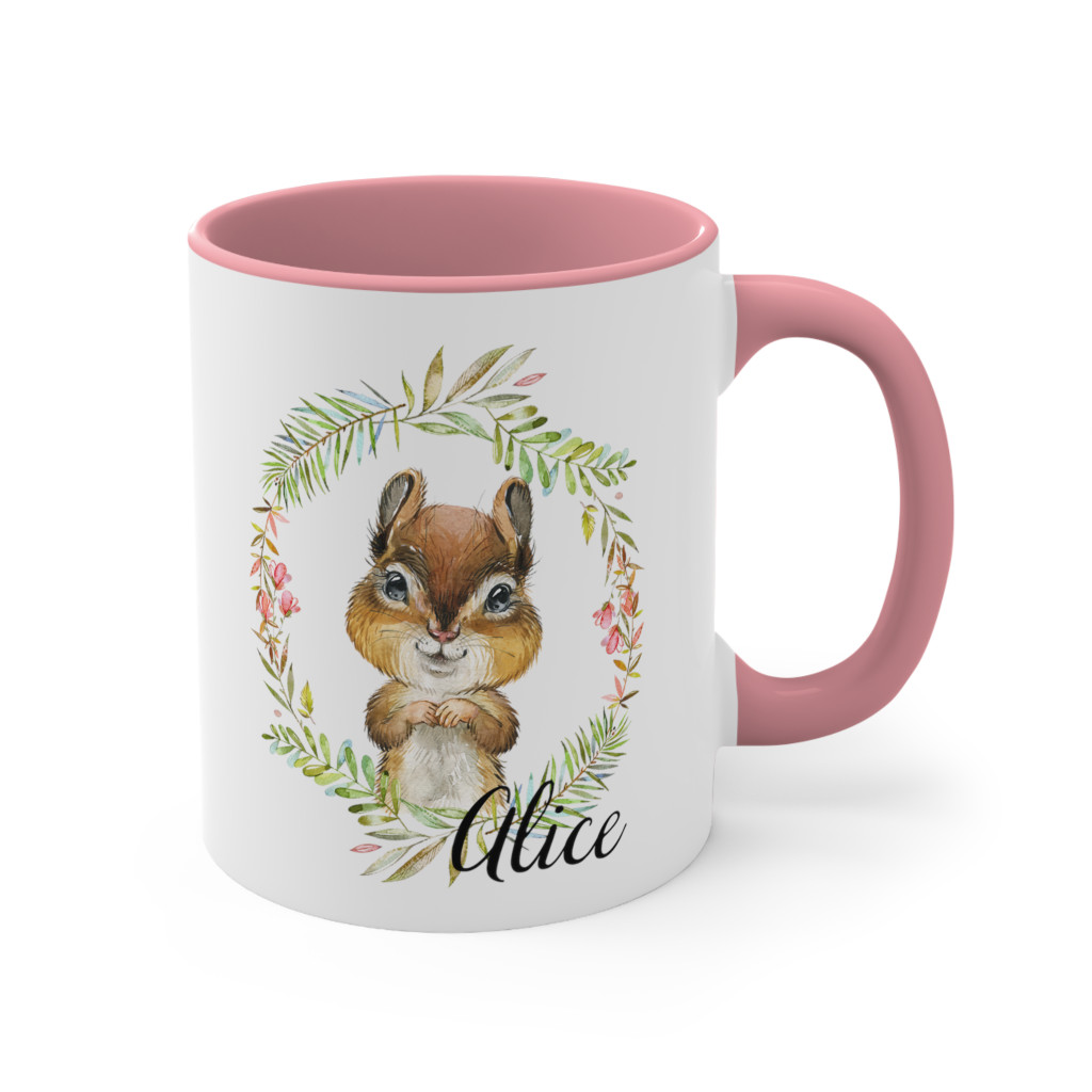 Personalized Mug for Kids, Chipmunk with Floral Wreath and Custom Name, Chipmunk Gifts 