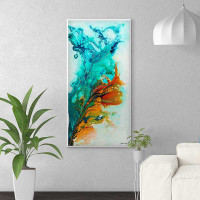 large colorful abstract painting in turquoise, blue and orange