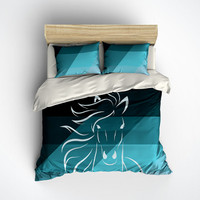 Horse Duvet Cover, Teal Black Horse Lovers Bedding, Girl, Boy Bedroom Decor