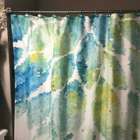 Mint Green and Blue Shower Curtain, Bath Mat Set with Floral Design