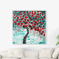 painting of blooming cherry tree with red flowers on blue background