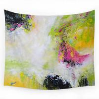 Wall decor, tapestry in green, yellow, pink and black