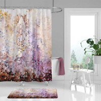 Mosaic shower curtain and bath mat, purple, yellow, brown