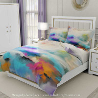 Modern duvet cover and pillow shams, purple, blue, yellow