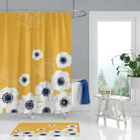 Yellow shower curtain and bath mat set, floral bathroom decor