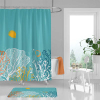 teal shower curtain with underwater coral reef and fish