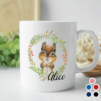 coffee mug with chipmunk and floral wreath