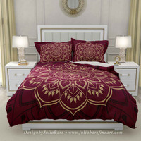 bohemian mandala duvet cover in burgundy and yellow