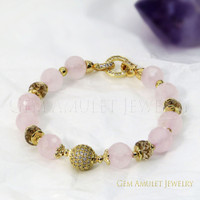 Handmade natural Pink Quartz woman's bracelet with decorative CZ closure.