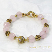 natural Rose Quartz bracelet with crystals and golden elements