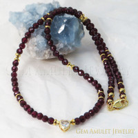 Red Garnet necklace choker with heart pendant. Gemstone amulet necklace.