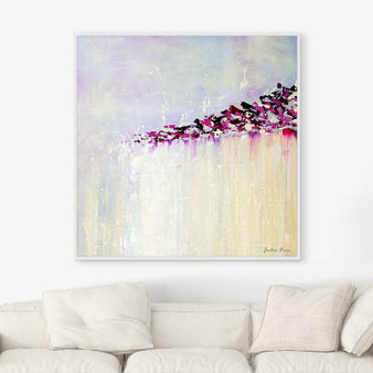 abstract wall art in purple, yellow and gray