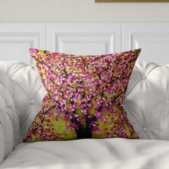cherry tree pillow, art pillow in pink and green