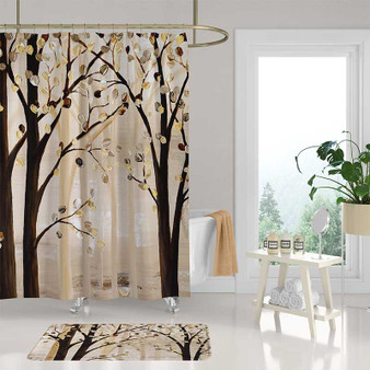 Art shower curtain and bathroom rug with trees