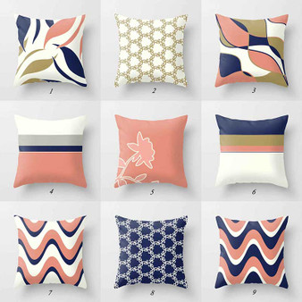 navy blue and pink throw pillow covers with geometric design