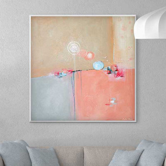 Large abstract pink and blue painting on the wall