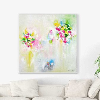 Abstract floral art print in pink, green, yellow and white