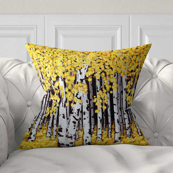 decorative throw pillow with birch trees, yellow, white