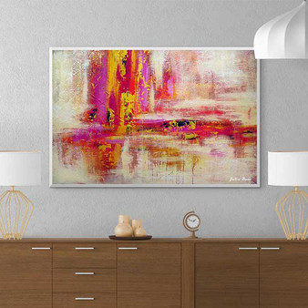 large abstract painting, red, purple, yellow