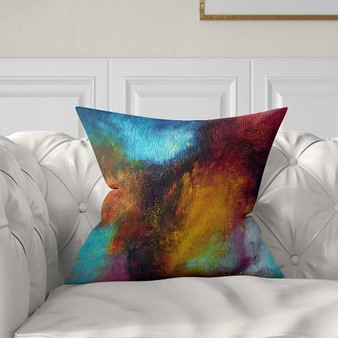 Abstract art pillow, blue, red, purple