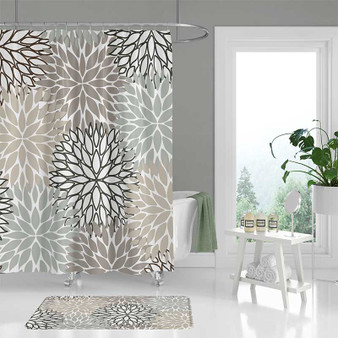 neutral tones shower curtain and bath mat.