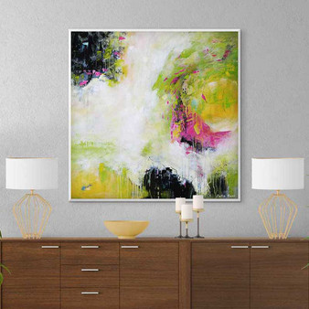 large abstract wall art in white, black, yellow, green and pink
