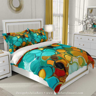 Abstract duvet cover, teal, green, orange