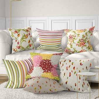 floral pillow covers, striped throw pillows in red, pink, yellow and purple