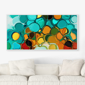 abstract wall art in teal and orange