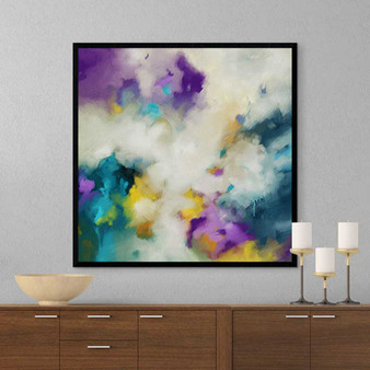 large abstract painting, purple, yellow, teal and white