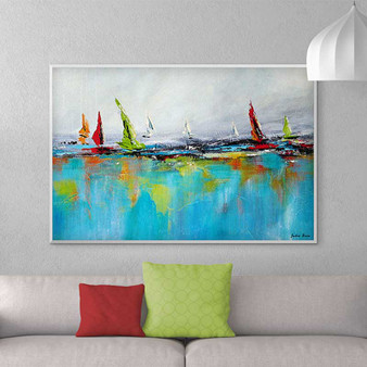 large abstract seascape painting, boat and yacht art