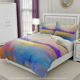 abstract art duvet cover in purple, yellow and blue