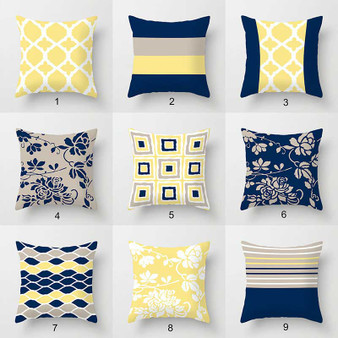 Collection of decorative pillow covers, blue, gray, yellow