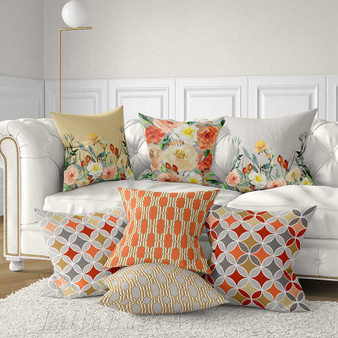 Decorative cushions, floral and geometric patterns, gray, coral red, blue