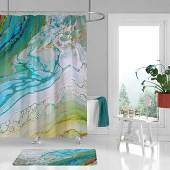 coastal shower curtain in teal, sea foam green and blue