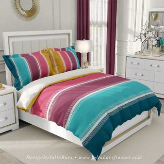 striped duvet cover, teal, aqua, pink and yellow