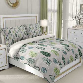 green and gray duvet cover with leaves