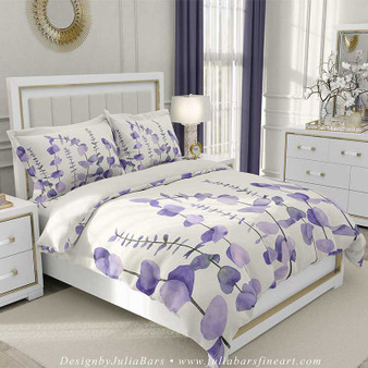 purple and white watercolor duvet cover with tropical leaves