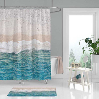 coastal art shower curtain in blue, beige, white