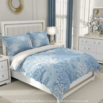 duvet cover with coral branch pattern in blue and white