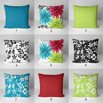 floral pillow covers in teal, red and green