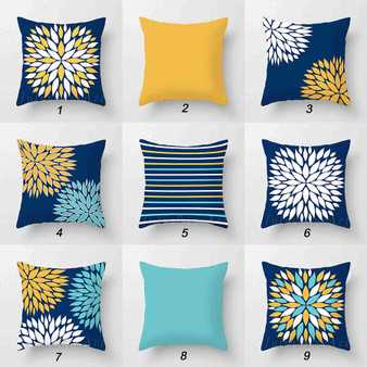 blue, turquoise, yellow cushions with original designs