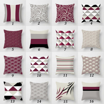 dark red, gray and black throw pillows with original designs