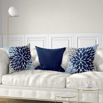 blue, gray and light blue throw pillows with Dahlia design