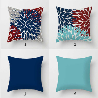 blue, turquoise and red floral pillows