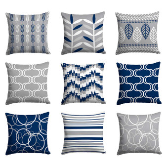 Blue, gray and white throw pillow covers with original geometric and floral patterns
