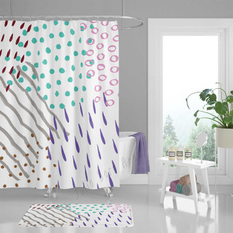 shower curtain with polka dot, stripes and rain drops pattern in teal, purple and red